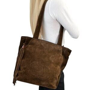 CHANEL Vintage CC Logo Suede Shoulder Bag Fringe Brown Stitch [106084]